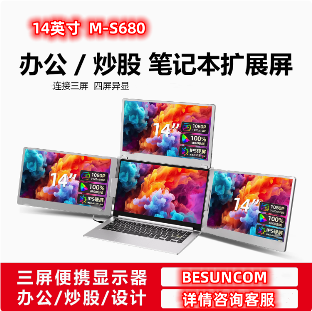 BESUNCOM笔记本扩展屏幕便携式显示器电脑三屏折叠炒股四屏14英寸