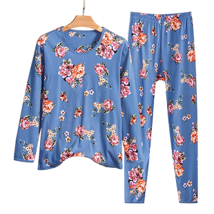 秋衣秋裤女纯棉套装宽松薄款圆领印花中老年妈妈全棉大码保暖线衣