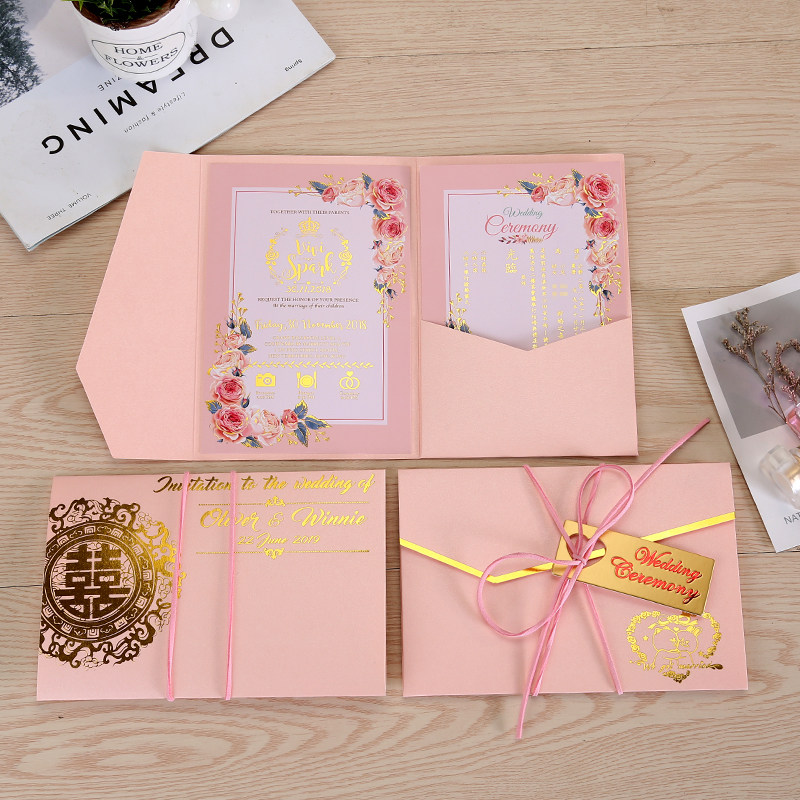 粉色新款2024欧式小清新烫金喜帖结婚个性创意定制婚礼打印请柬
