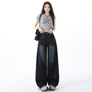 阔腿弯刀牛仔裤女新款秋季美式辣妹刺绣设计感宽松垂感拖地阔腿裤