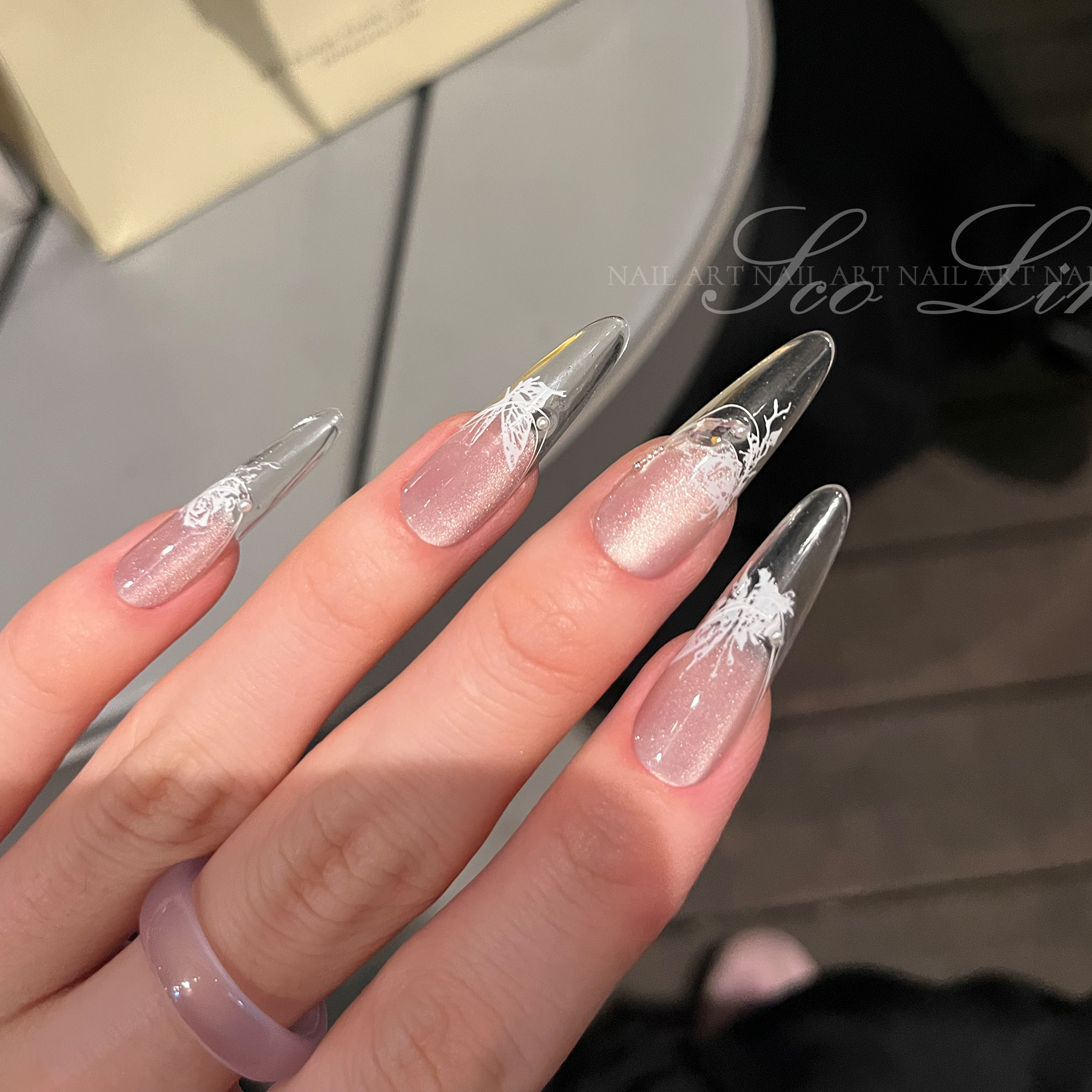 ScoLin【冰莹剔透】粉法式冰透施华洛手工定制美甲超长椭圆穿戴甲