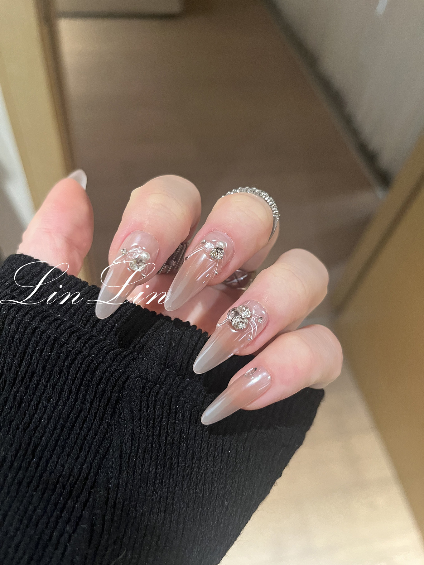 linlin【桃腮】手工定制美甲纯欲月光腮红线条施华洛长尖圆穿戴甲