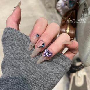 ScoLin【甜梨酒】裸色彩钻东洲水晶钻球手工定制美甲长水滴穿戴甲