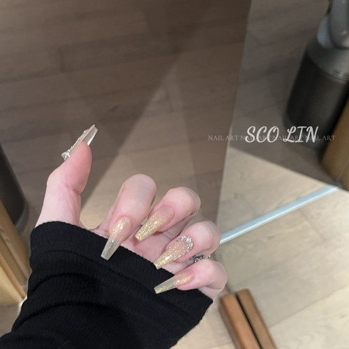 秋冬闪金猫眼长芭蕾手工穿戴甲