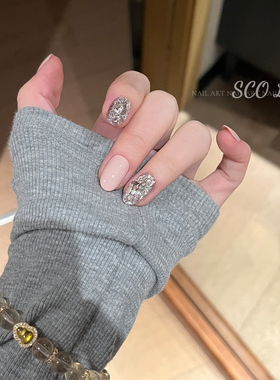 ScoLin【粉嫩水晶】橡皮粉施华洛锆石堆钻手工定制美甲短圆穿戴甲