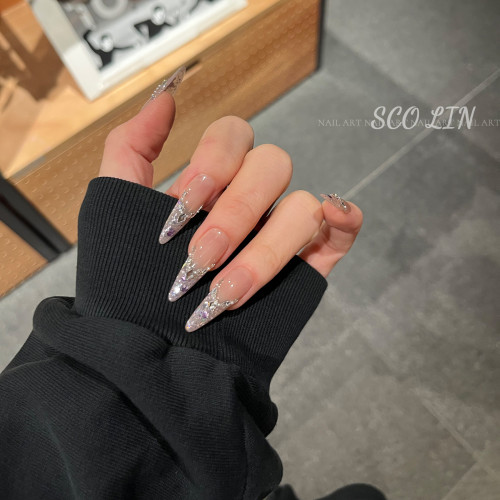 ScoLin【斯哈辣妹】紫亮片法式施华洛手工定制美甲超长杏仁穿戴甲