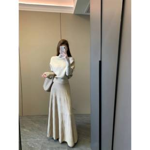 AWMUMU慵懒风软糯堆堆领毛衣女轻奢显瘦针织半身裙两件套知性套装