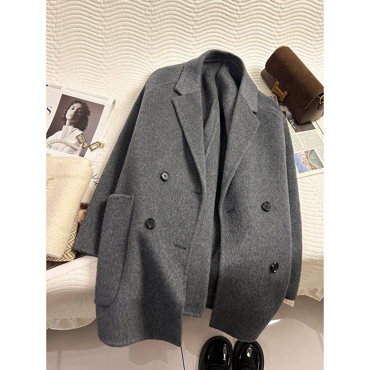 灰色羊绒双面女服2024秋冬新款韩式中长宽松羊毛服