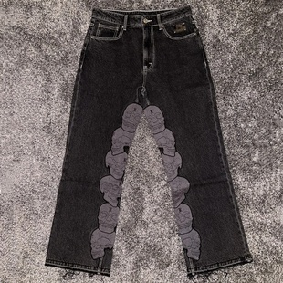 24ss中國(guó)限定滿刺繡骷髏頭直筒牛仔褲 Revenge SKULL PATCH