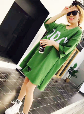 韩版春装字母绣花卫衣女中长款胖mmT恤破洞棉大码宽松上衣t裙子潮