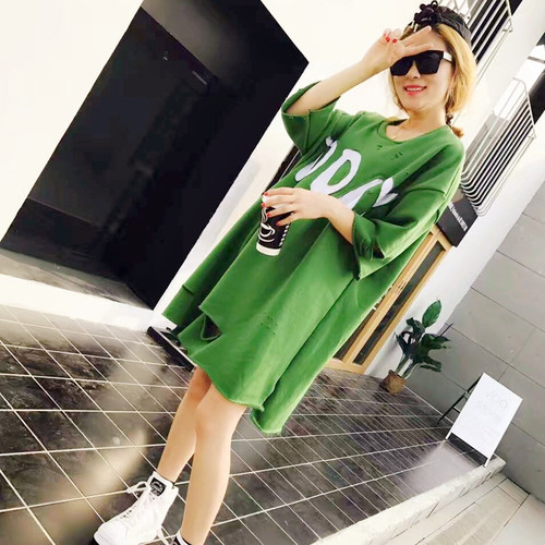 韩版春装字母绣花卫衣女中长款胖mmT恤破洞棉大码宽松上衣t裙子潮