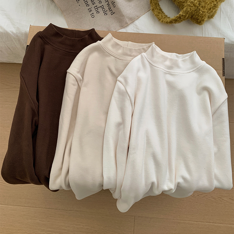 韩系2025秋冬新款半高领打底衫女加厚保暖长袖磨毛T恤内搭上衣女