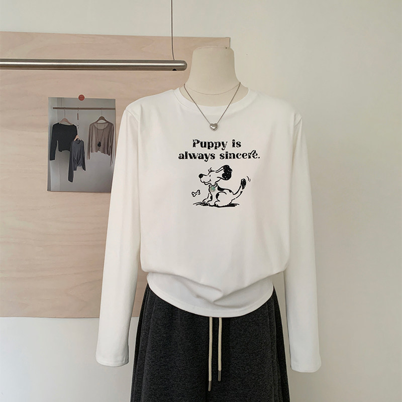 韩系2025秋冬新款圆领印花长袖T恤女百搭宽松白色磨毛打底衫上衣,女装/女士精品,T恤,淘宝优惠券,粉丝福利购,淘宝优惠卷