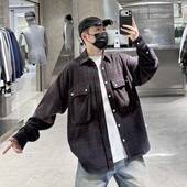潮牌春季 宽松青年帅气衬衣外套潮 复古做旧格纹工装 格子衬衫 男美式