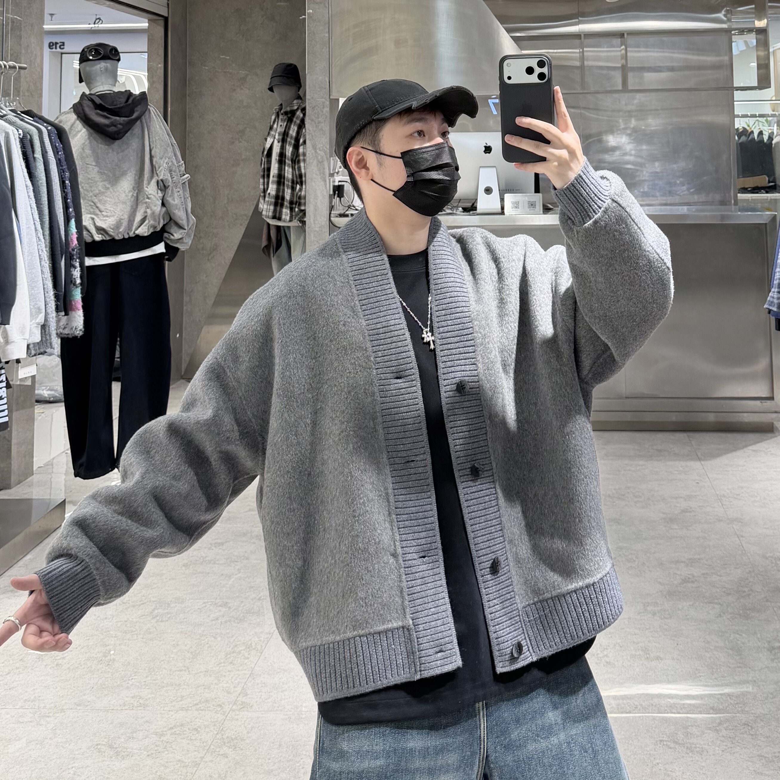 潮牌冬季双面羊毛可脱卸内胆鹅绒服男慵懒风V领道袍宽松保暖大衣