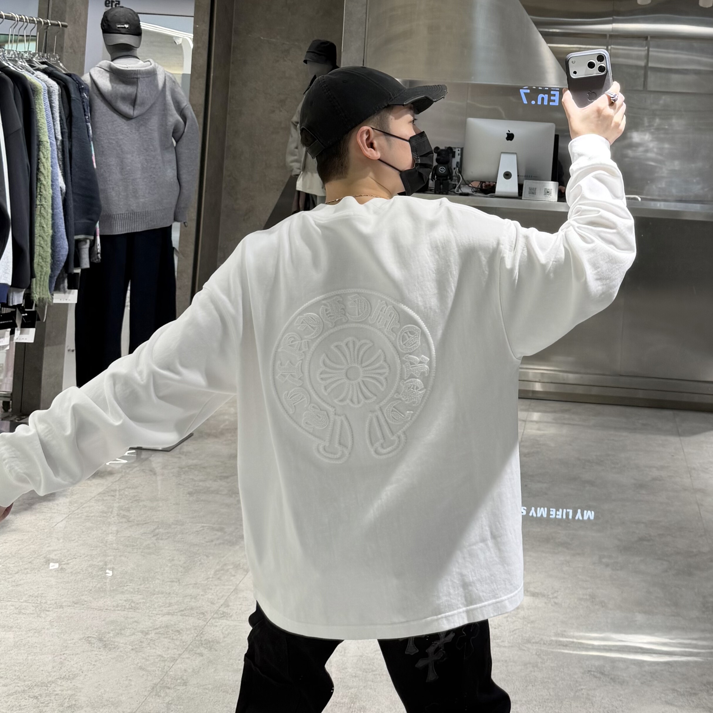 潮牌秋冬重磅长袖T恤男ins美式纯色十字架刺绣宽松青年磨毛卫衣t