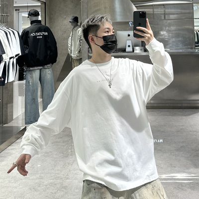 潮牌秋季长袖T恤男ins美式水洗领口磨破宽松青年落肩阔版卫衣潮T