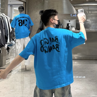 潮牌夏季重磅360g短袖T恤男ins国潮手绘字母宽松青年帅气情侣半袖