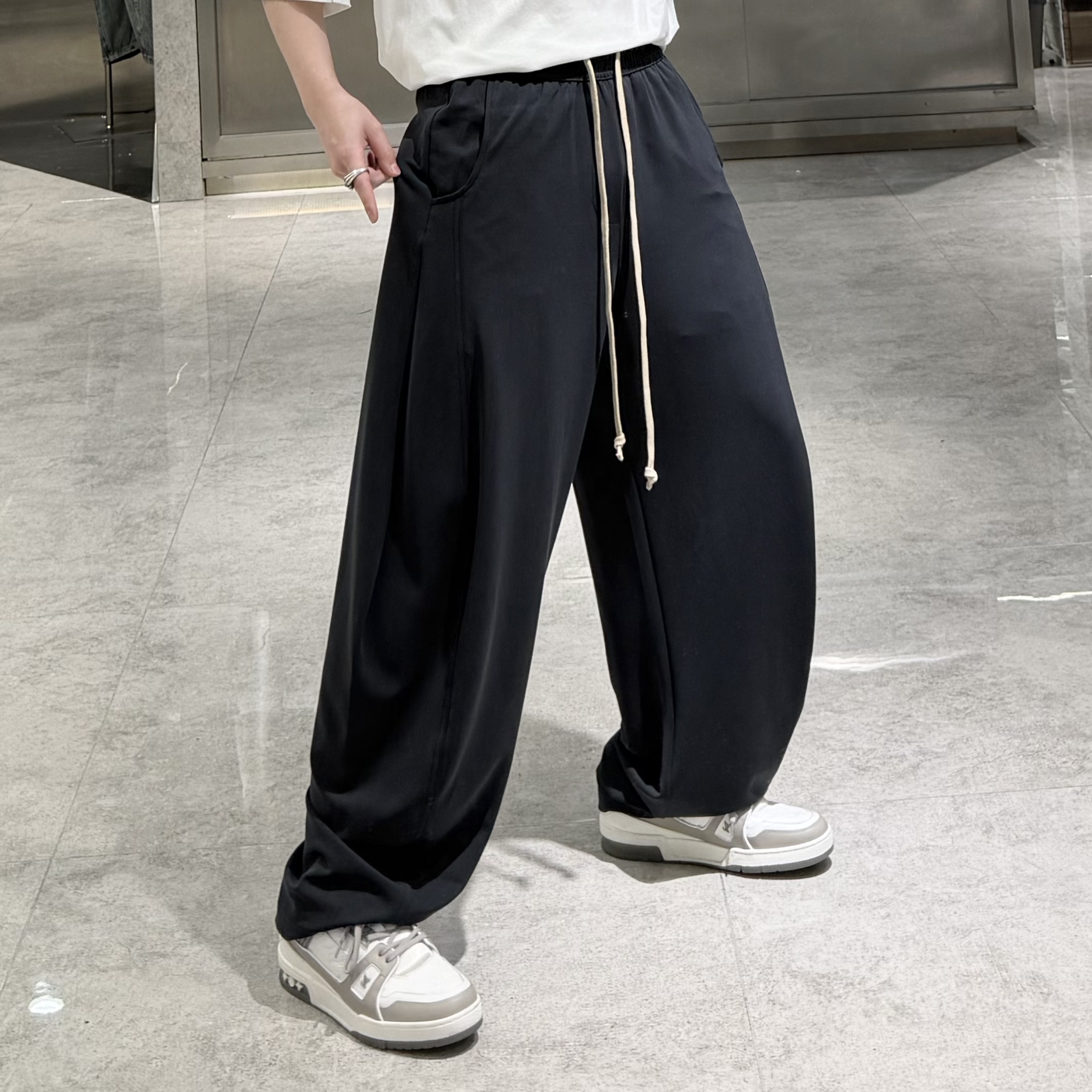 潮牌夏季超薄直筒休闲裤男韩版纯色结构拼接凉感宽松阔腿空调裤潮