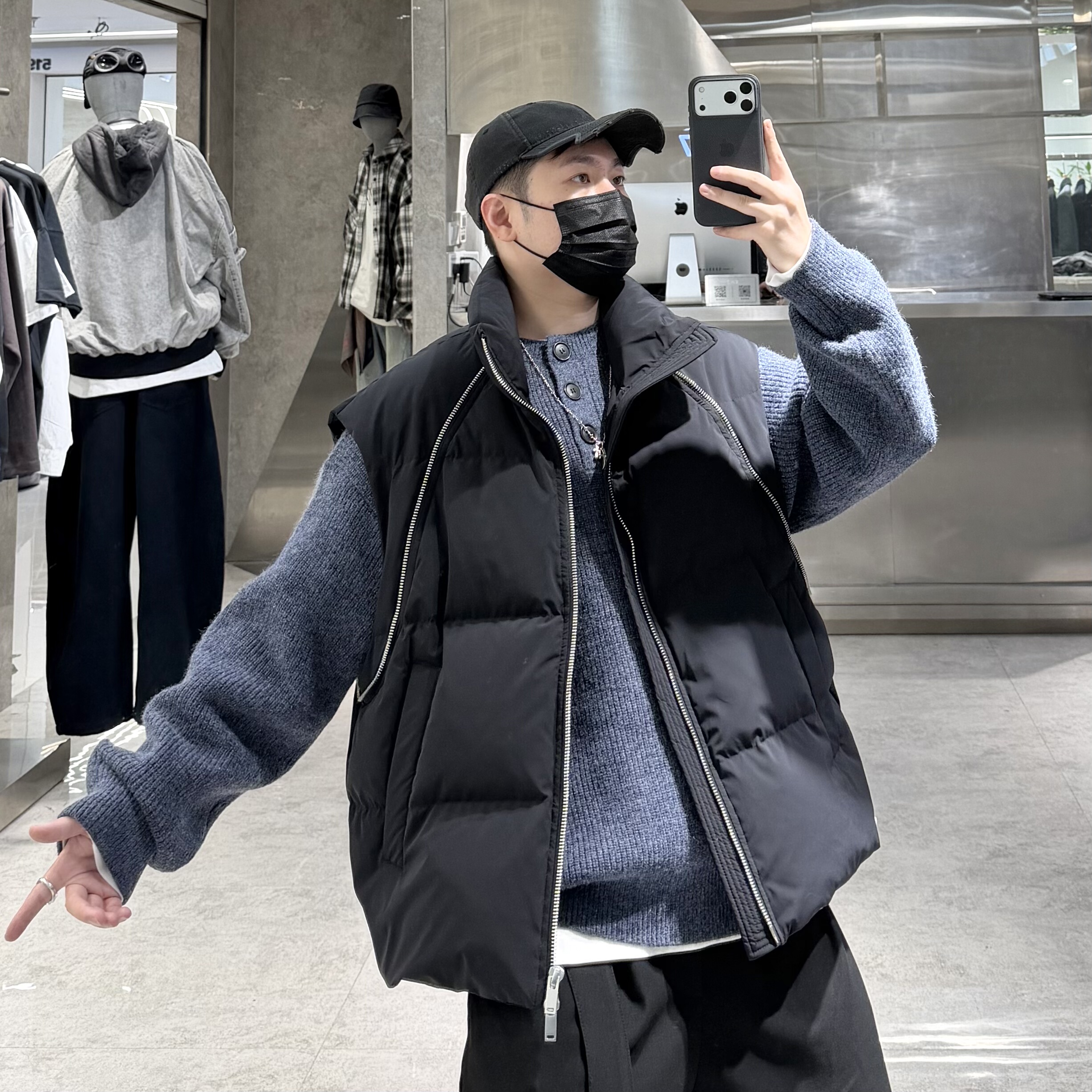 潮牌冬季立领白鹅绒马甲男美式结构拉链拼接宽松青年保暖羽绒背心