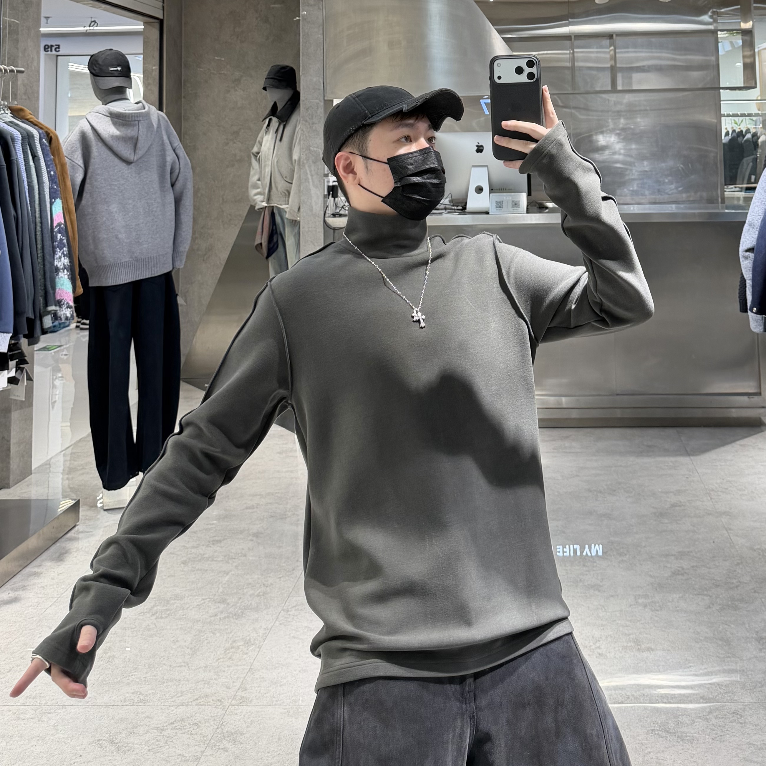 潮牌冬季高领长袖T恤男ins韩版纯色德绒返做宽松青年保暖上衣潮