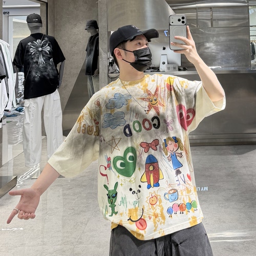 潮牌夏季情侣短袖T恤男ins美式嘻哈做旧卡通涂鸦印花宽松青年半袖