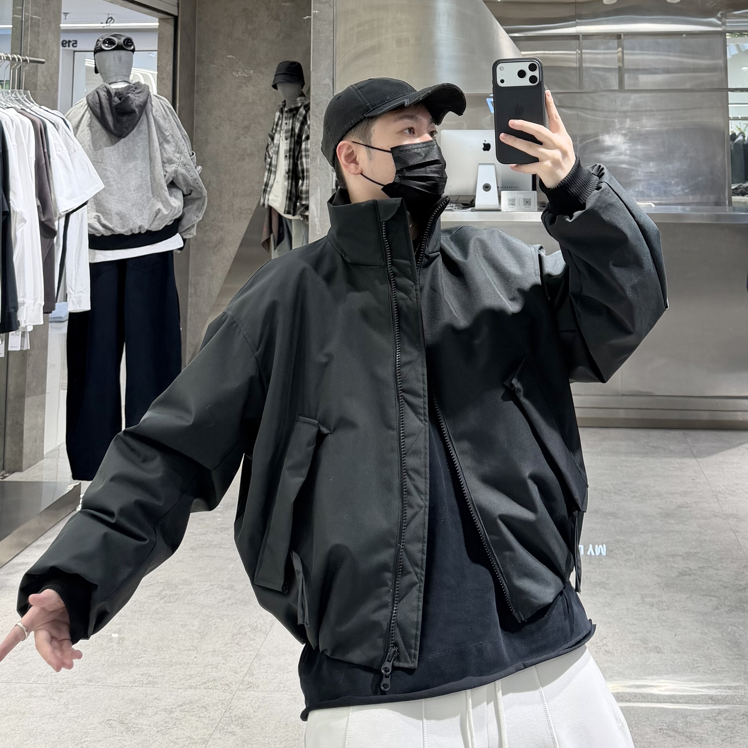 潮牌冬季立领短款羽绒服男韩版纯色结构拼接宽松青年痞帅保暖夹克