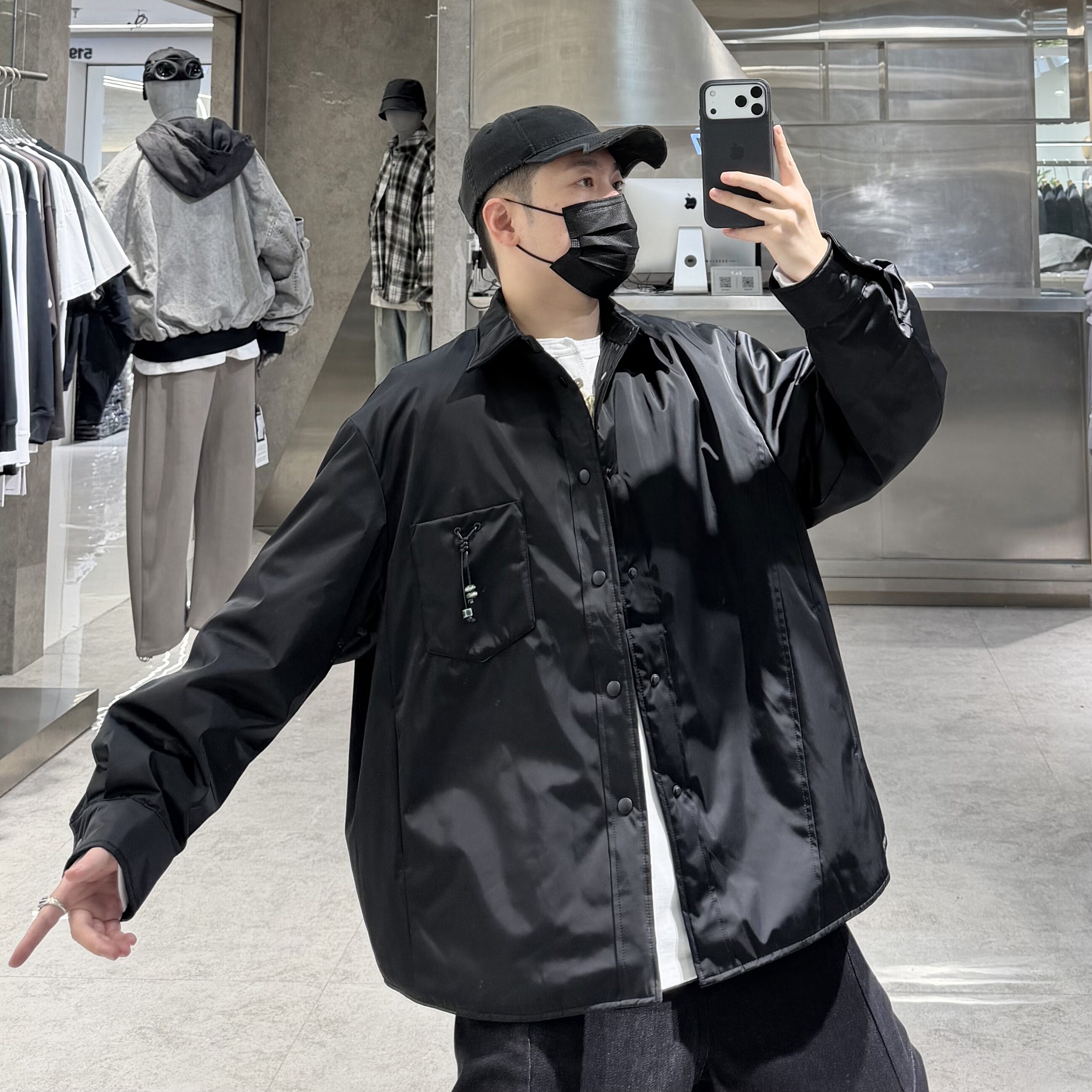 潮牌秋季衬衣款羽绒服男ins韩版纯色结构翻领宽松青年帅气羽绒衣