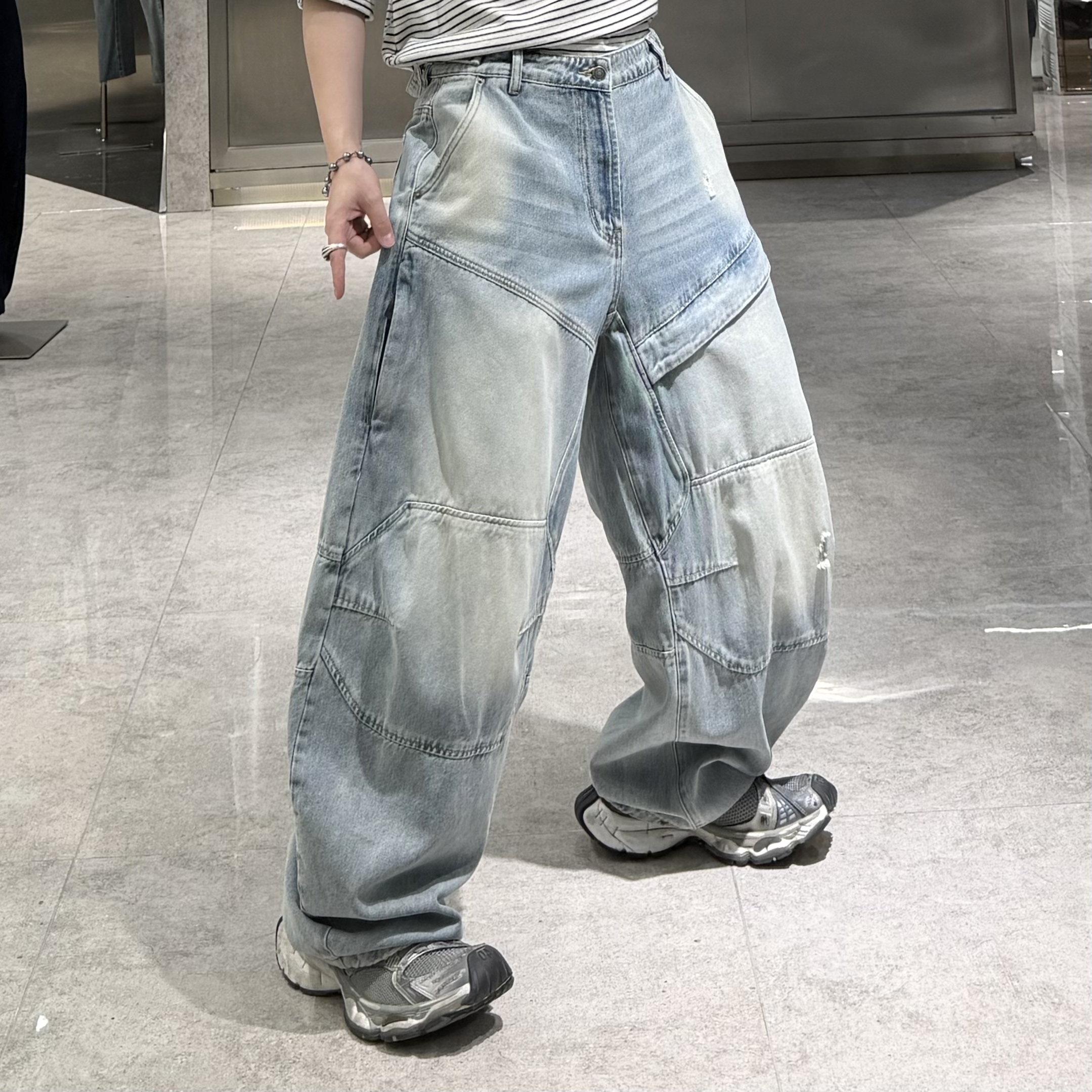 潮牌春季直筒牛仔裤男美式重工水洗做旧结构宽松青年痞帅阔腿裤潮