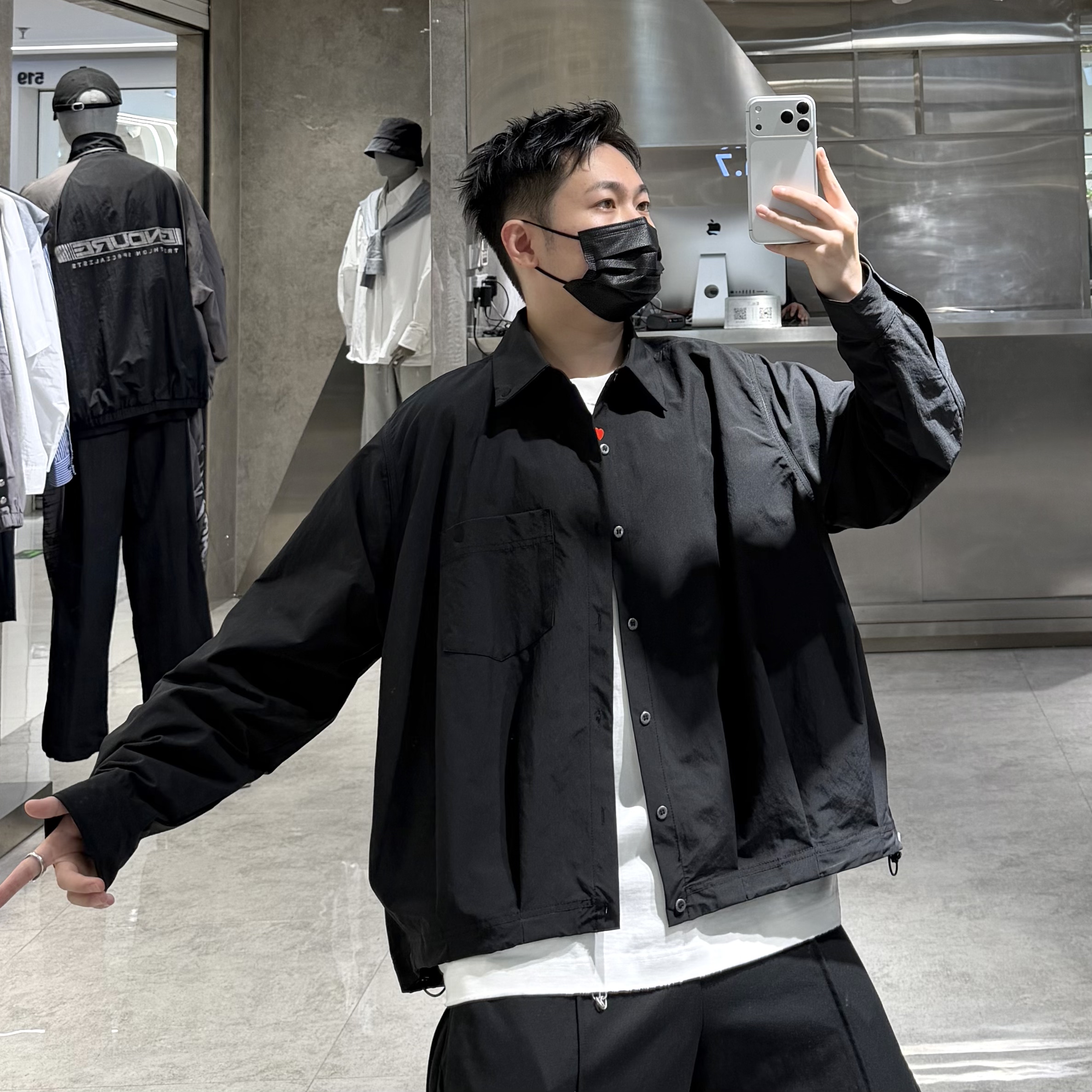潮牌秋季衬衣外套男韩版简约爱心刺绣宽松青年帅气短款翻领夹克潮