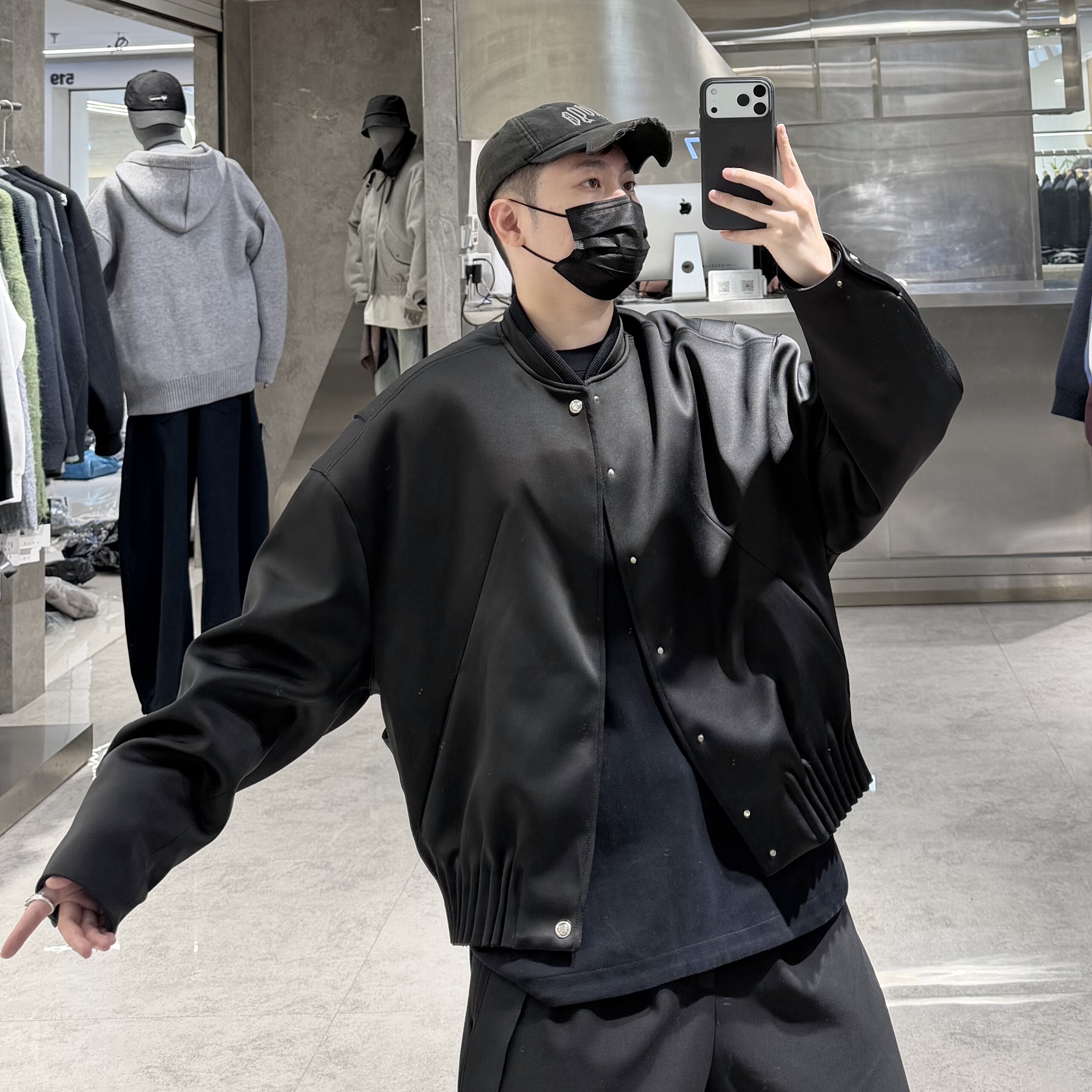 潮牌冬季棒球领鹅绒服男纯色结构拼接高级感宽松青年保暖羽绒夹克