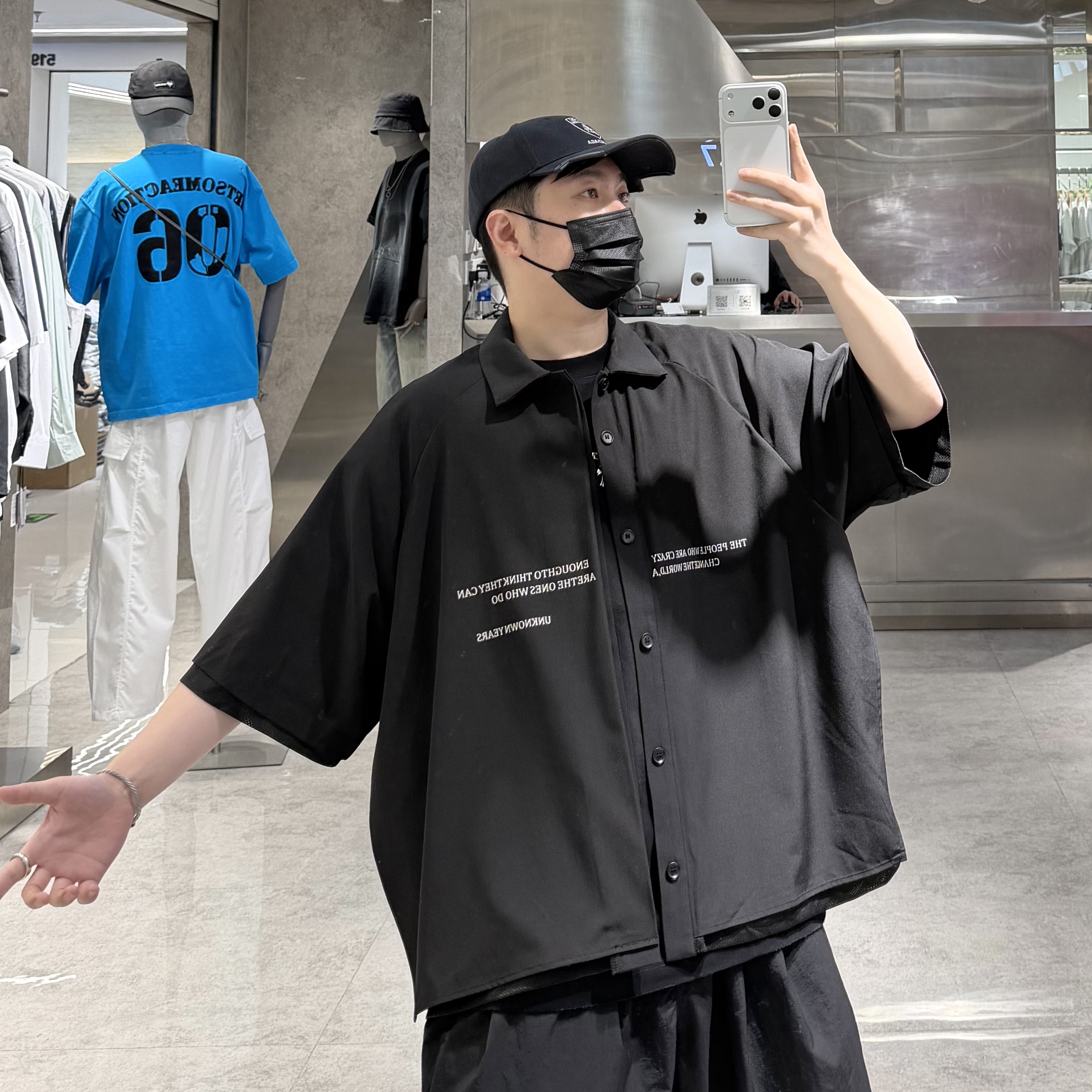 潮牌夏季短袖衬衣男暗黑系假两件字母印花宽松青年痞帅半袖衬衫潮