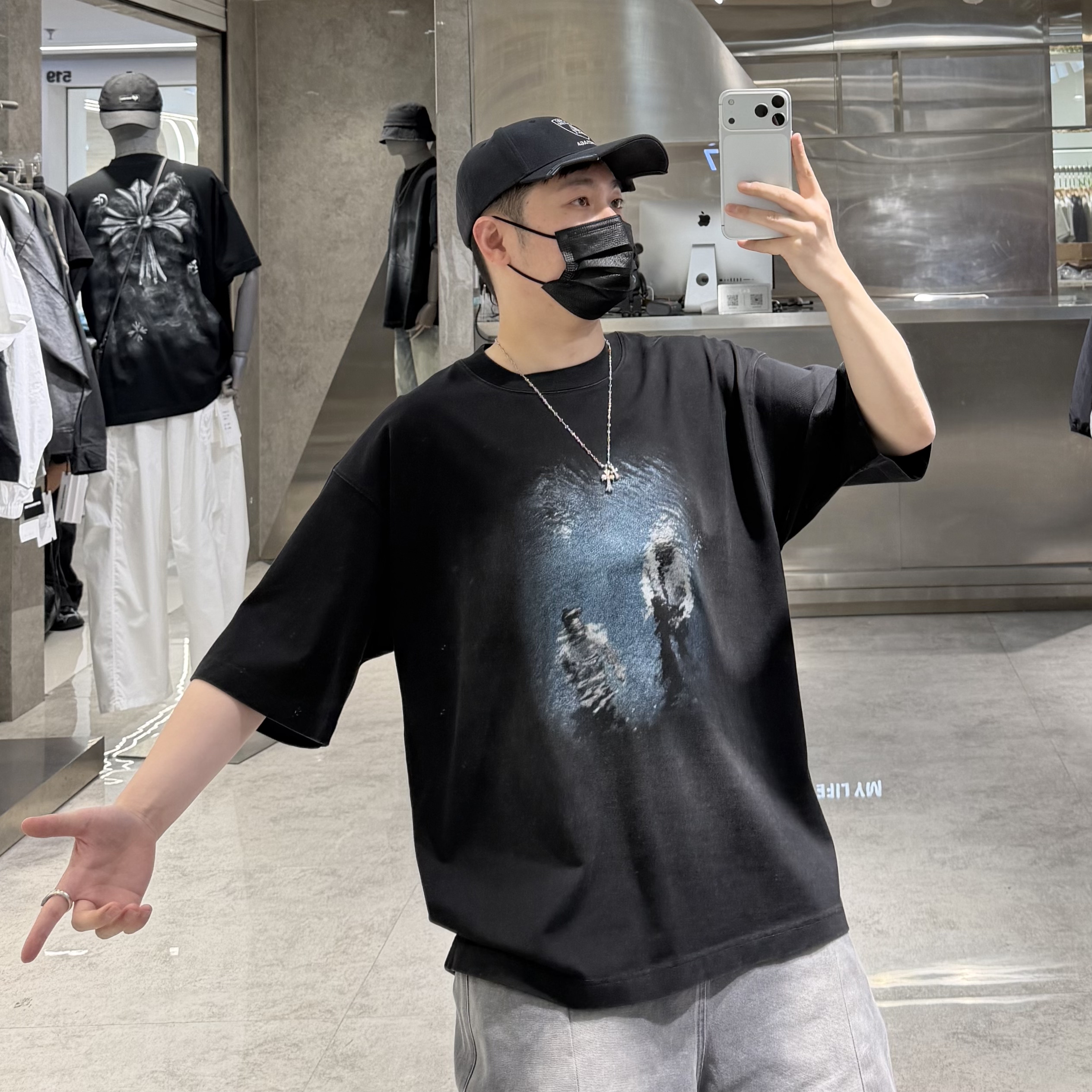 潮牌夏季短袖T恤男ins美式复古水洗做旧个性印花宽松青年帅气半袖