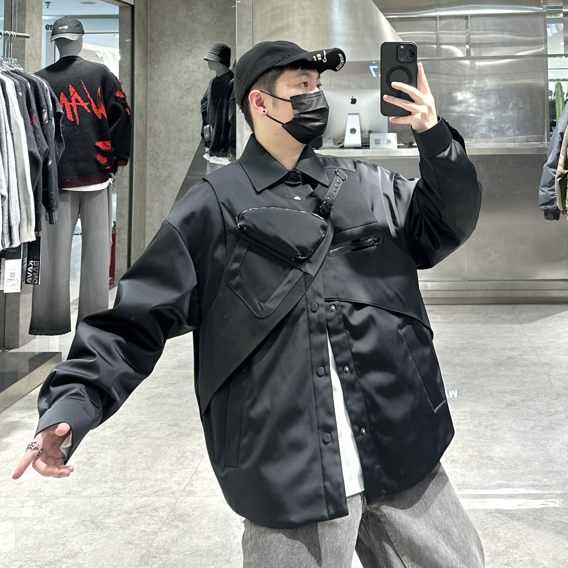 潮牌冬季衬衣款羽绒服男美式机能马甲式结构工装防水青年痞帅羽绒