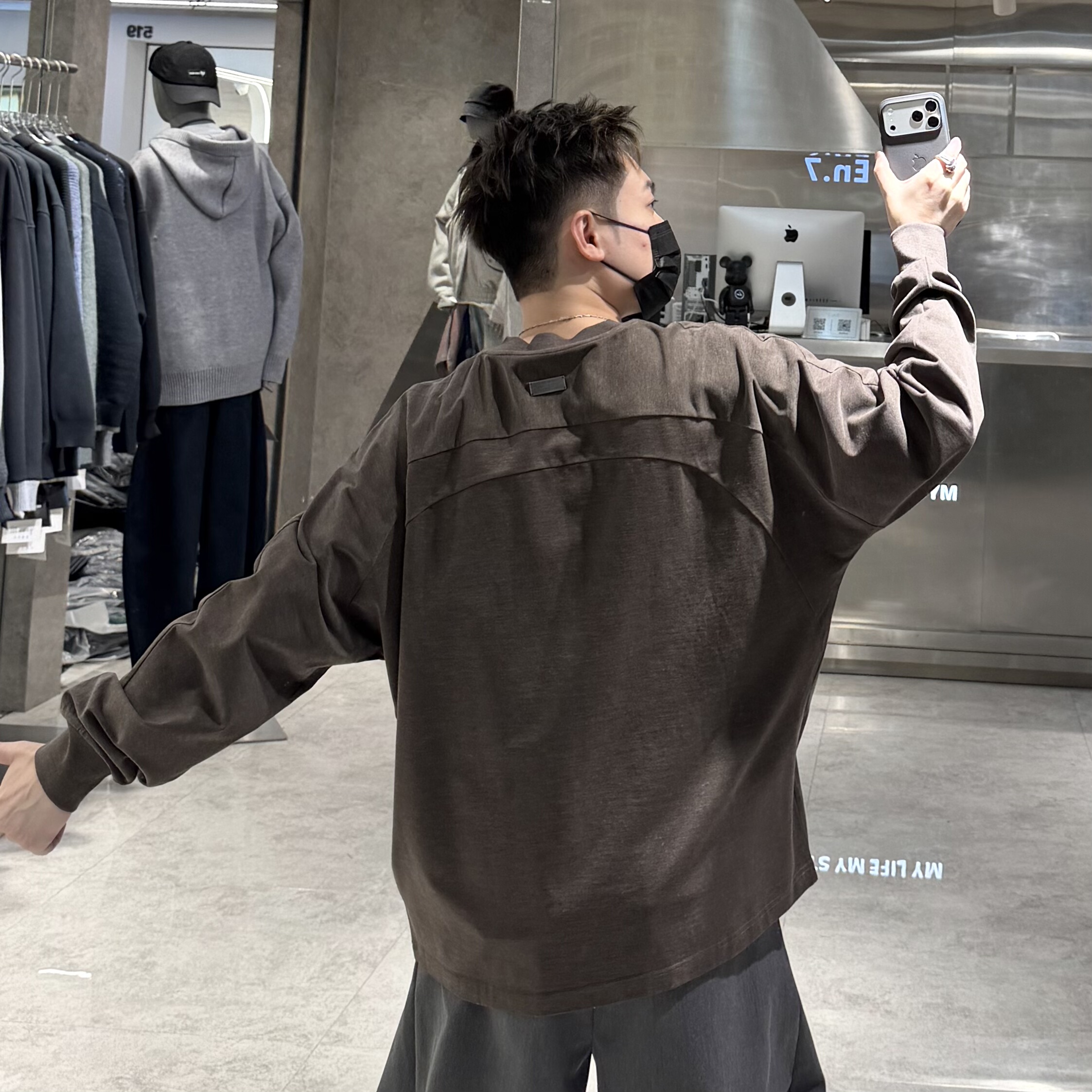 潮牌秋冬圆领长袖T恤男韩版结构拼接纯色含羊毛宽松青年内搭打底t