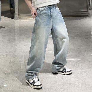 潮牌春季 男ins韩版 水洗简约宽松青年帅气百搭阔腿裤 潮 直筒牛仔裤