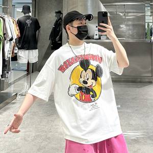 潮牌夏季短袖T恤男ins美式水洗卡通米奇印花宽松青年情侣半袖潮T