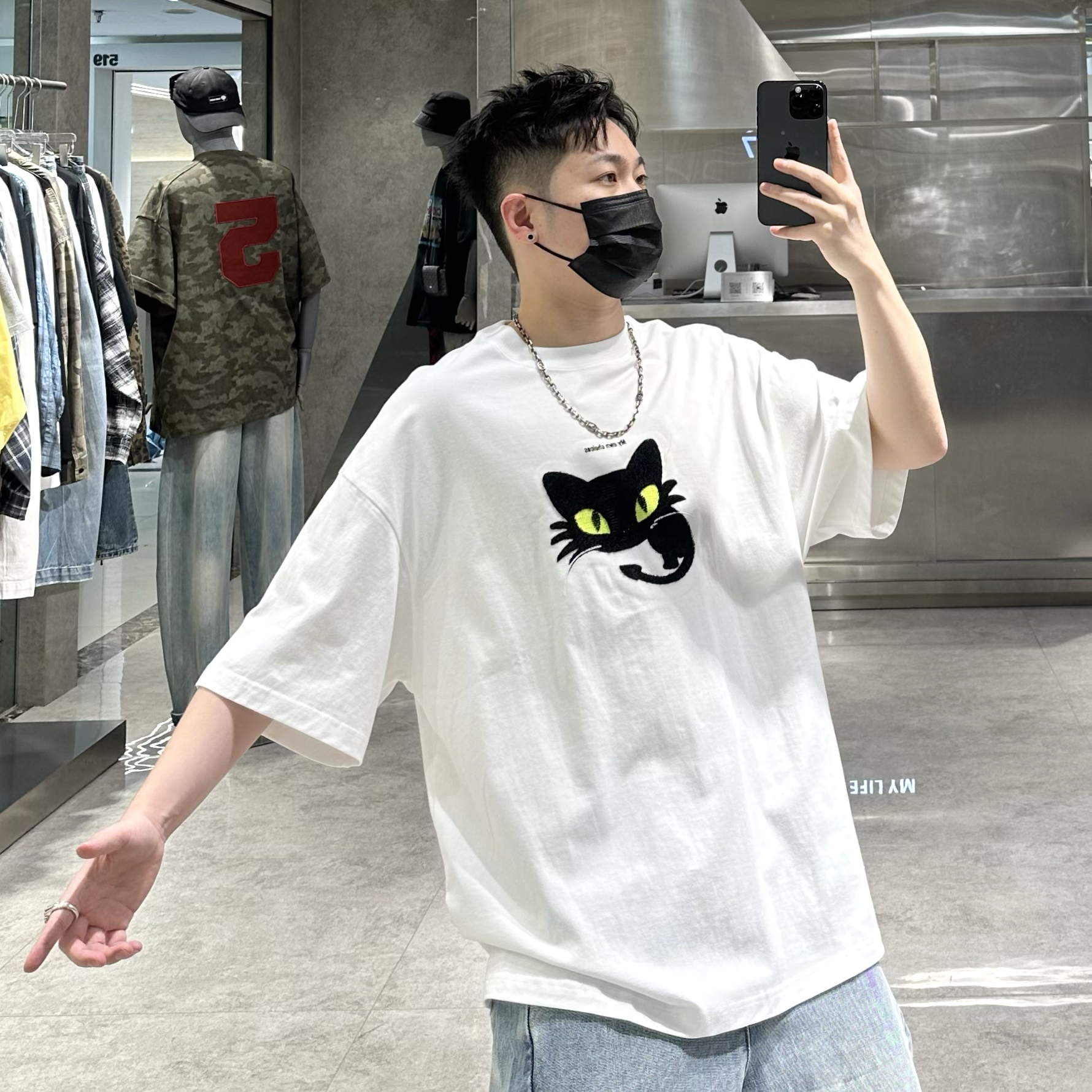 潮牌夏季短袖T恤男ins美式卡通猫刺绣宽松青年痞帅情侣落肩半袖t