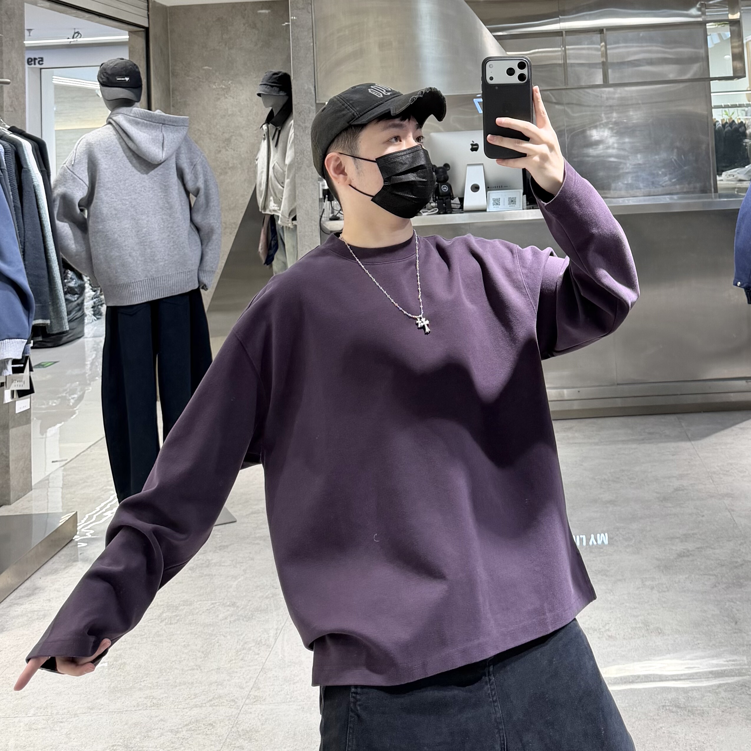 潮牌秋冬重磅长袖T恤男ins韩版纯色下摆开衩宽松青年内搭打底潮t