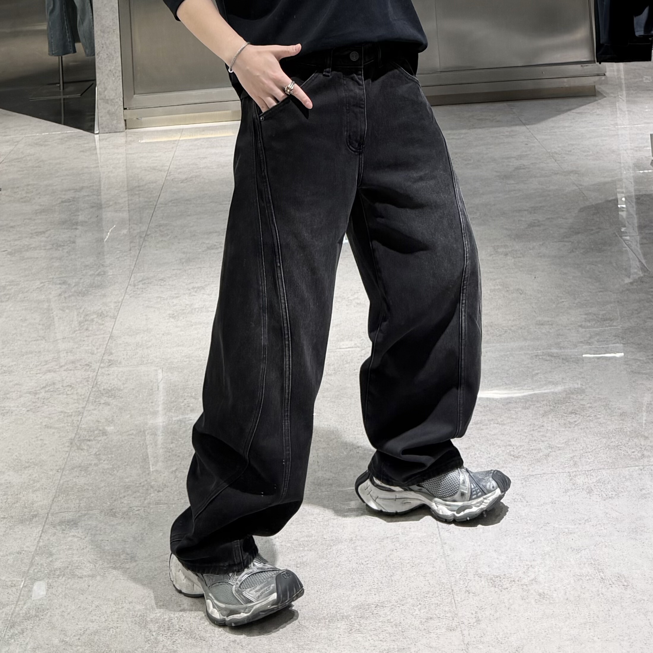 潮牌秋冬重磅磨毛牛仔裤男ins美式水洗做旧结构宽松青年阔腿裤潮