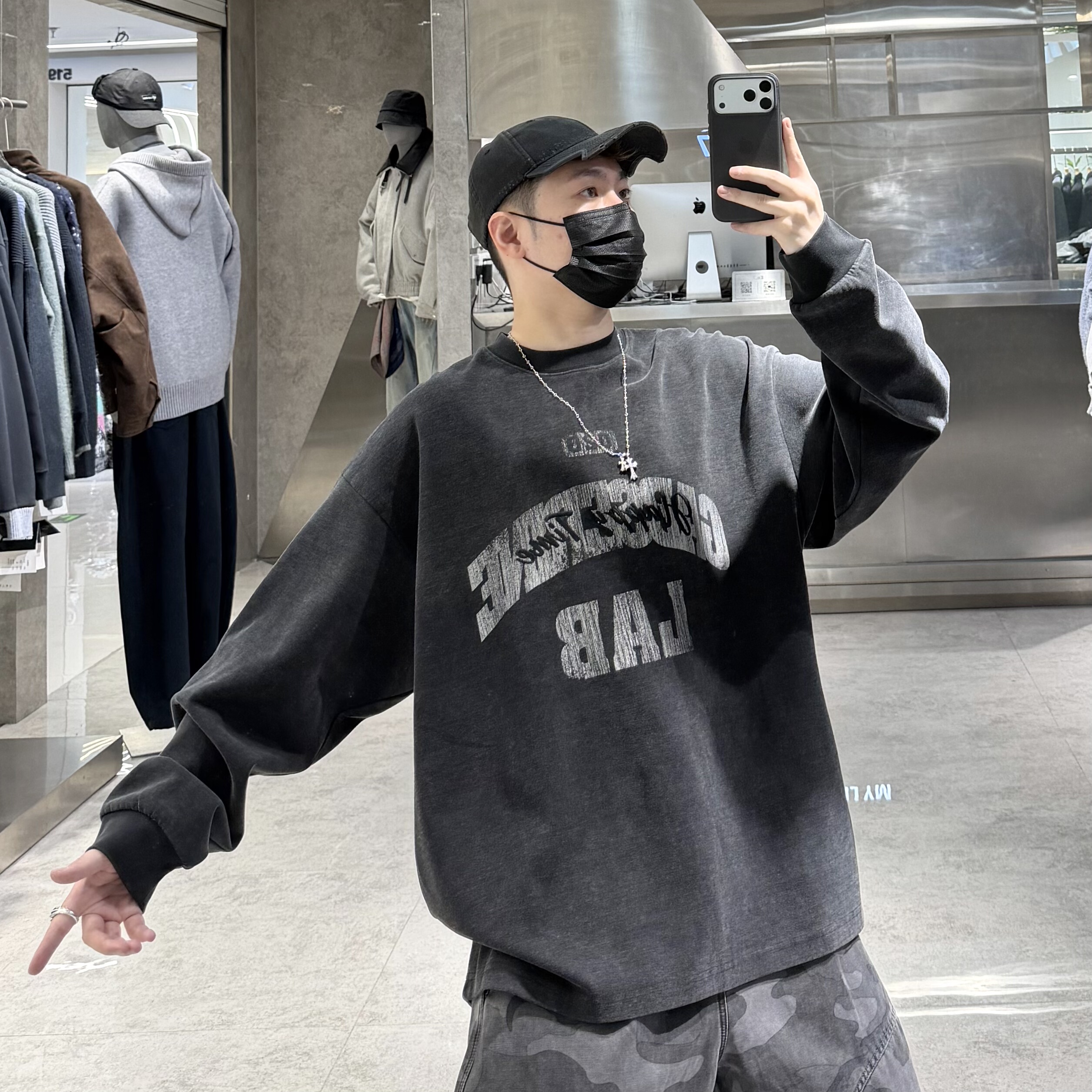 潮牌秋冬重磅长袖T恤男ins美式复古水洗做旧印花宽松青年帅气潮T