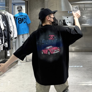 潮牌春夏重磅短袖 T恤男ins国潮手绘卡通车涂鸦宽松青年情侣半袖