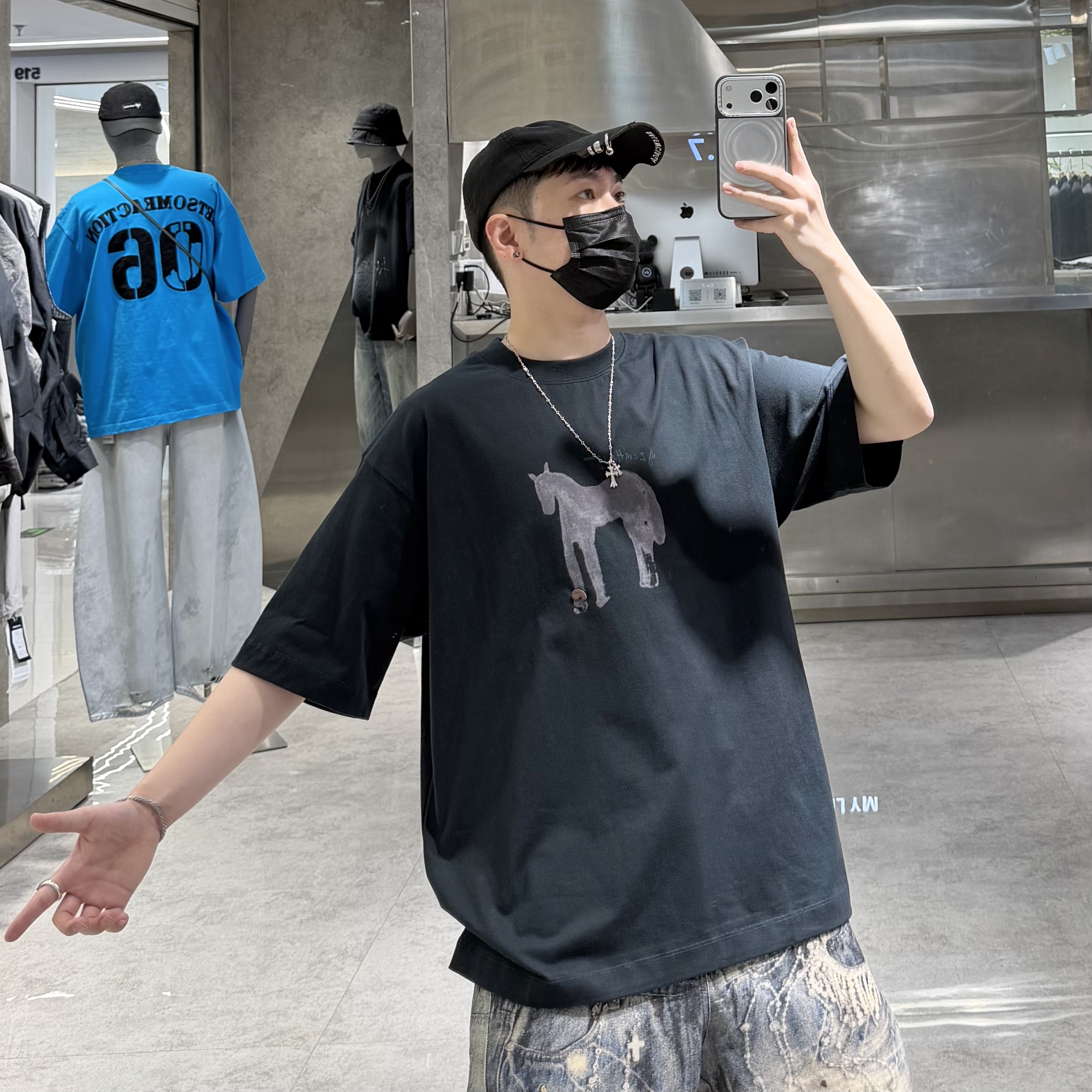 潮牌春夏短袖T恤男ins韩版个性卡通马印花宽松青年帅气情侣半袖t