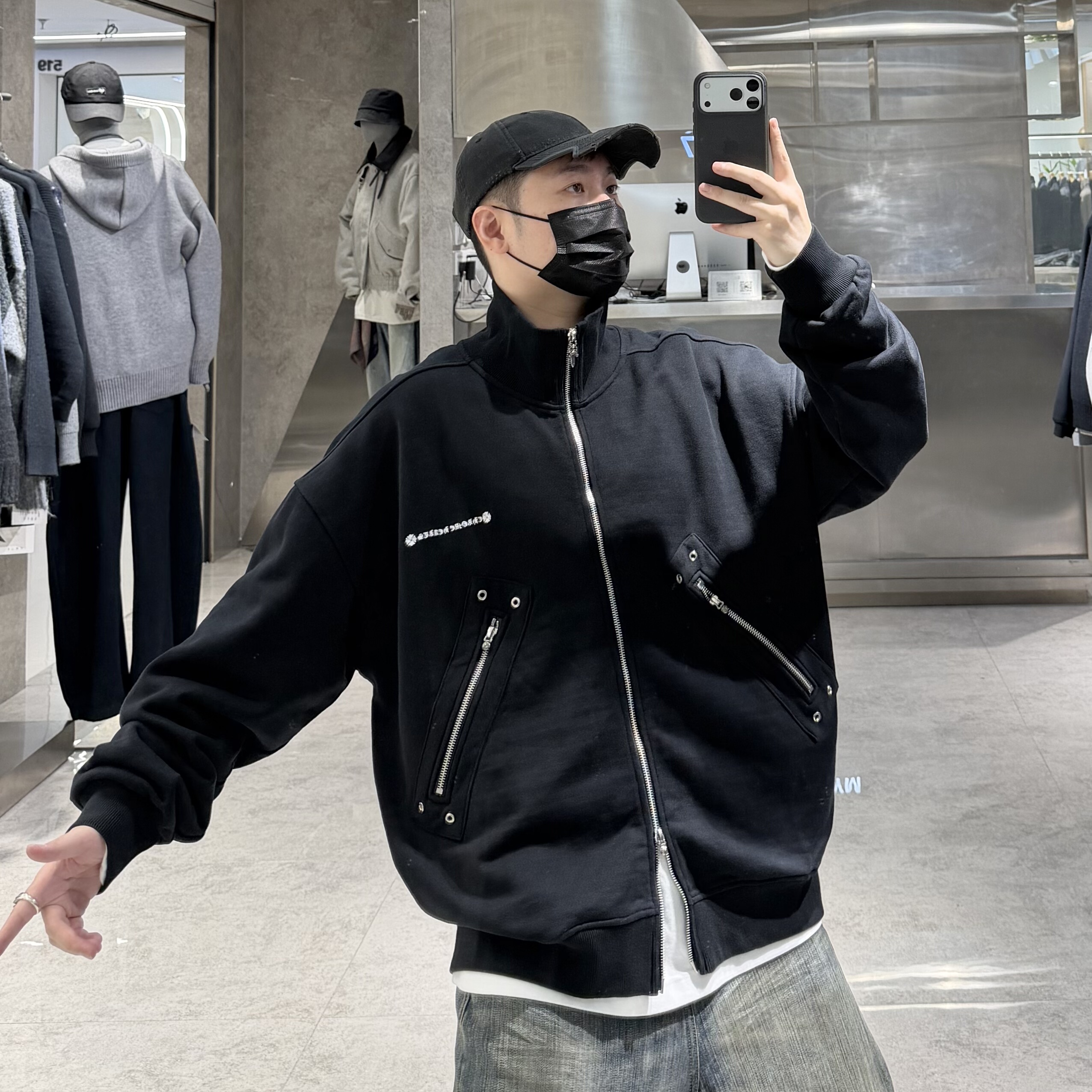 潮牌秋冬重磅立领卫衣外套男美式十字架刺绣拉链宽松青年磨毛夹克