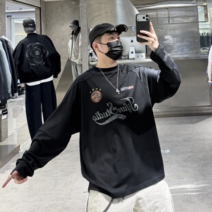 复古嘻哈街头印花拼接宽松青年帅气长t潮 T恤男美式 潮牌26春季 长袖