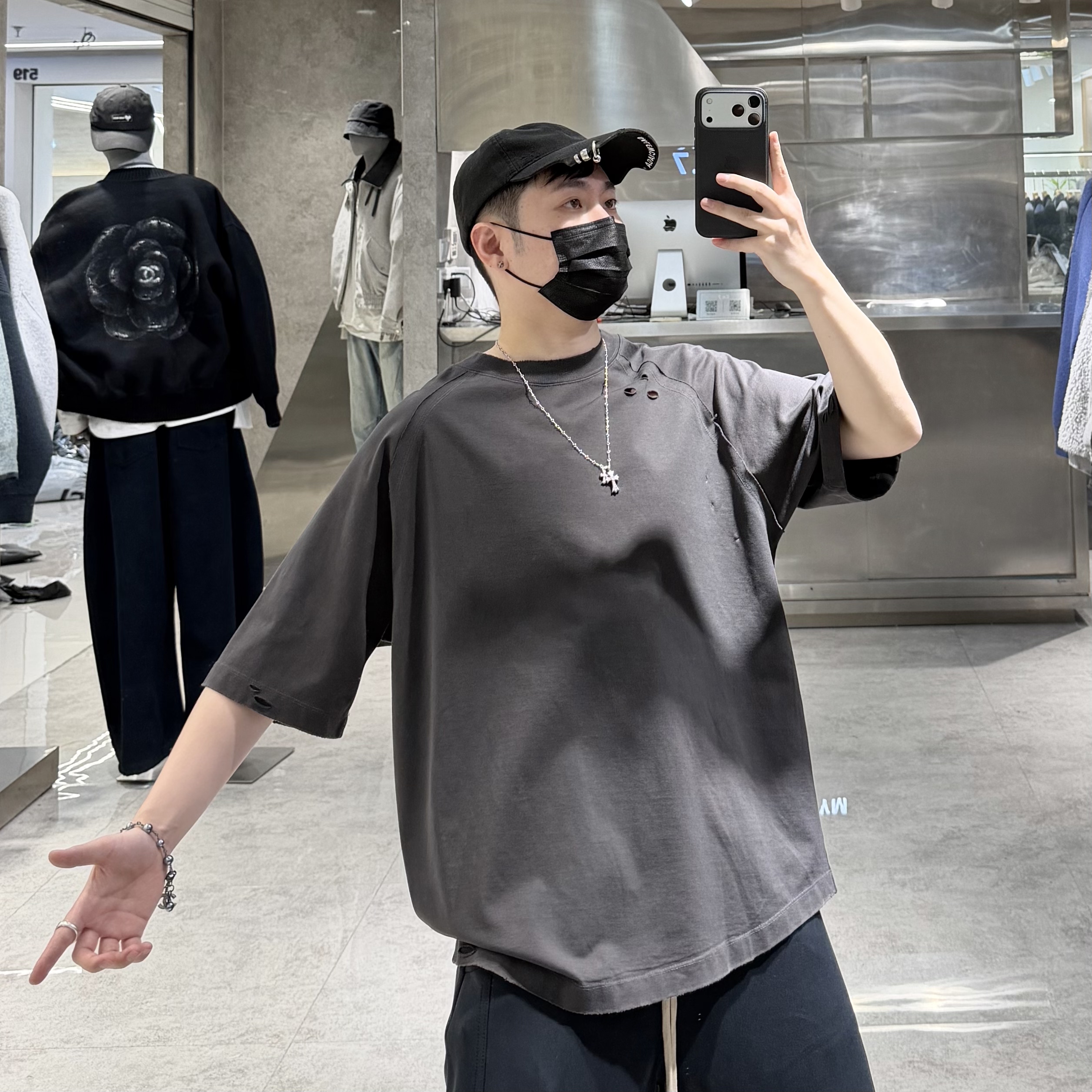 潮牌夏季短袖T恤男ins韩版纯色结构拼接破洞宽松青年百搭半袖潮T