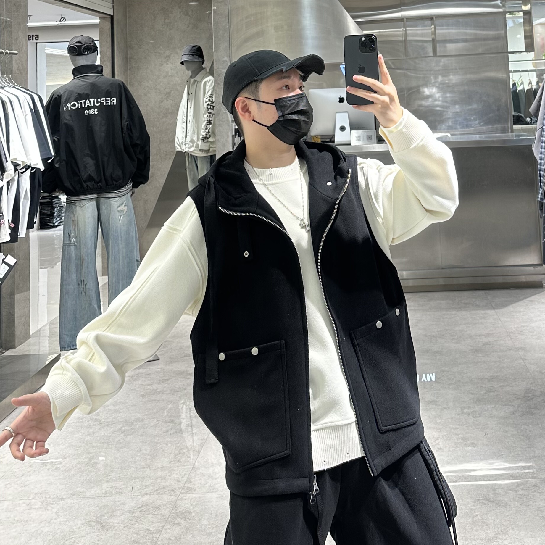 日言潮牌秋季重磅连帽马甲男日系纯色简约工装宽松青年帅气帽衫潮