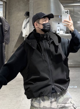潮牌秋季连帽马甲男美式户外机能结构拉链帽子可脱卸宽松青年背心