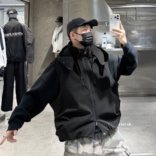 潮牌秋季连帽马甲男美式户外机能结构拉链帽子可脱卸宽松青年背心