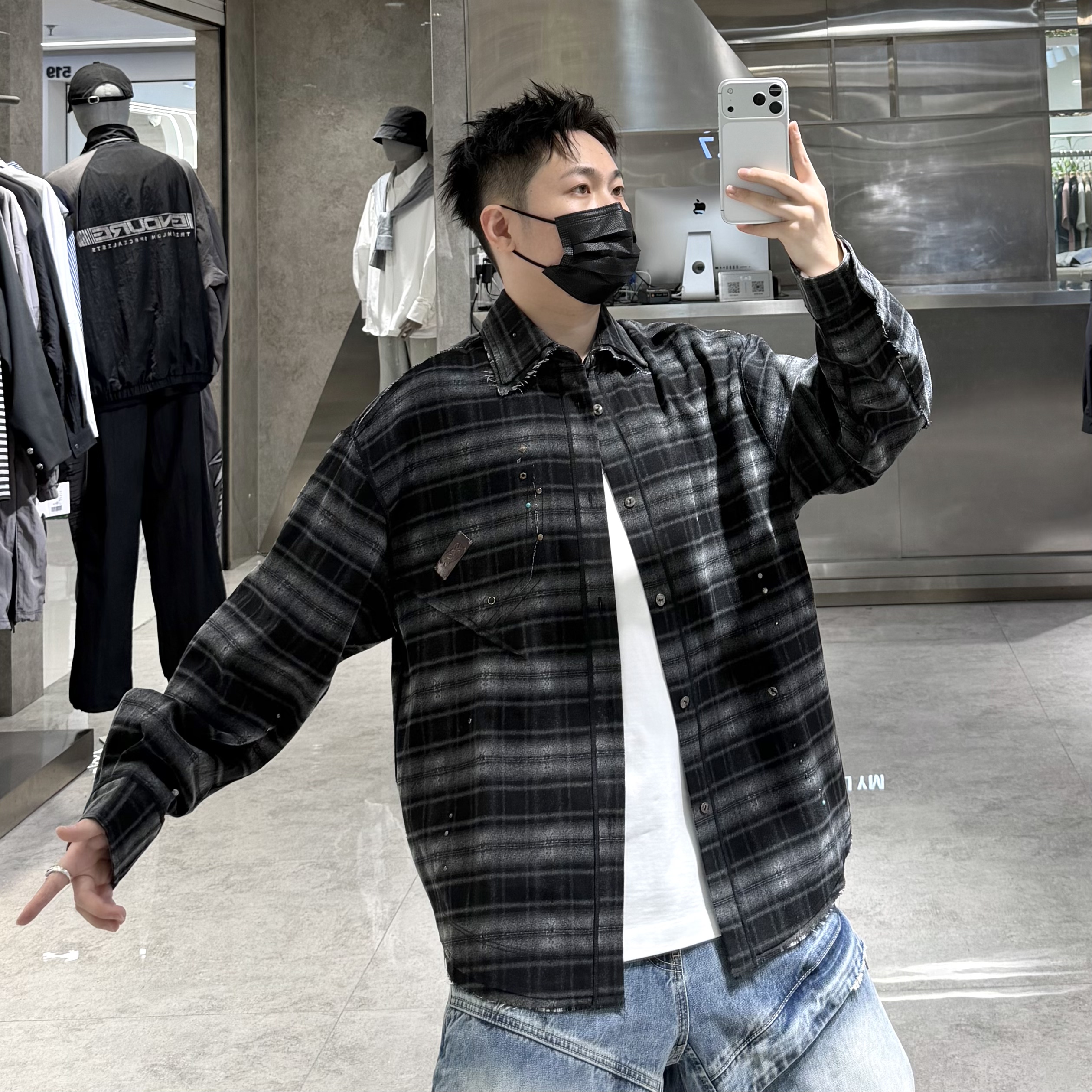 潮牌秋季衬衣外套男ins日系复古格纹撞色毛边宽松青年帅气衬衫潮